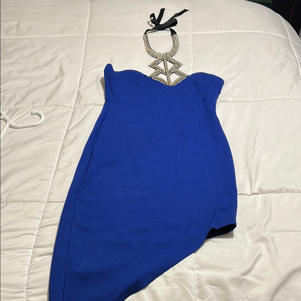 Blue Strapless Dress with Beaded Necklace